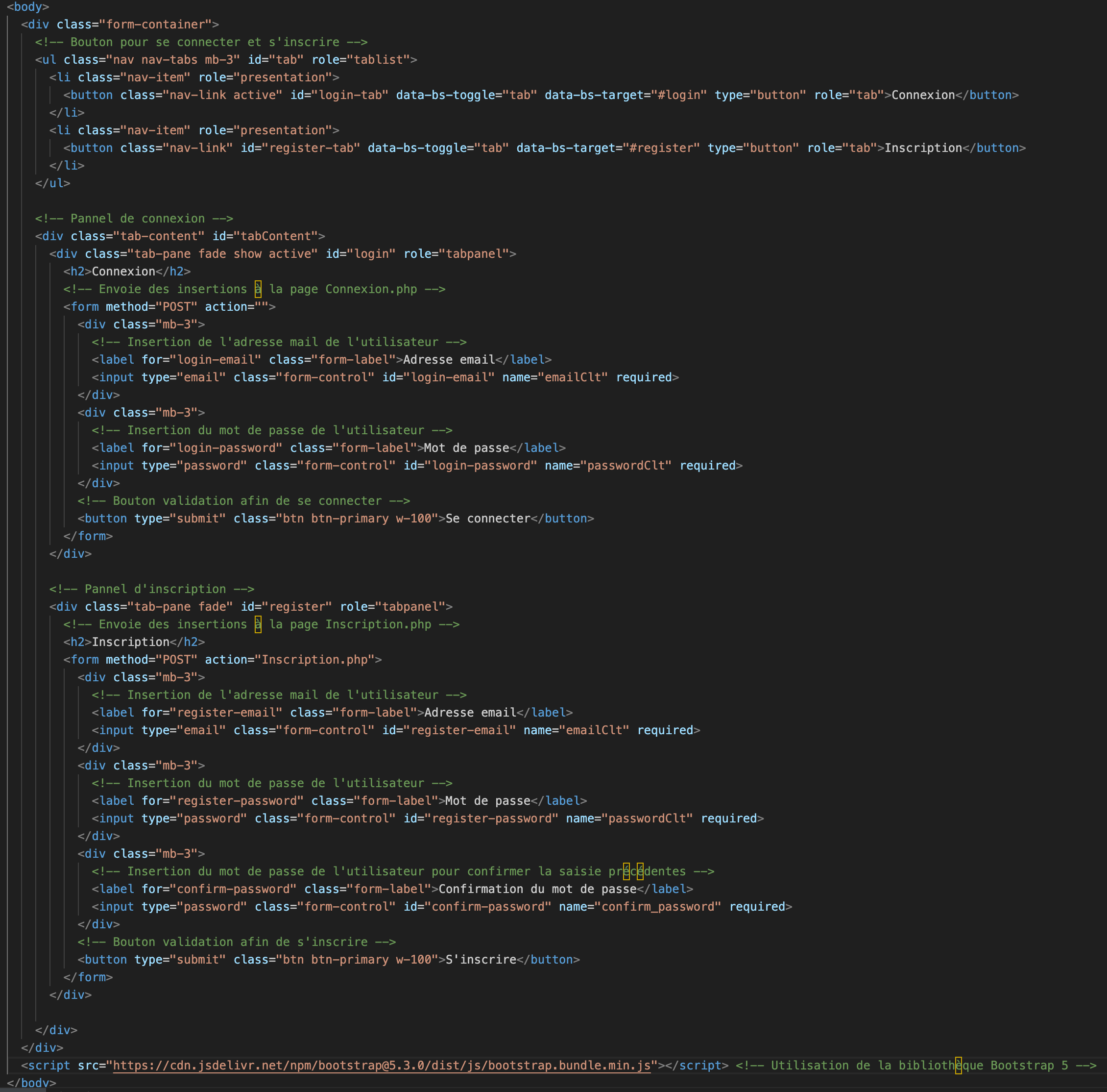 HTML inscription / connexion