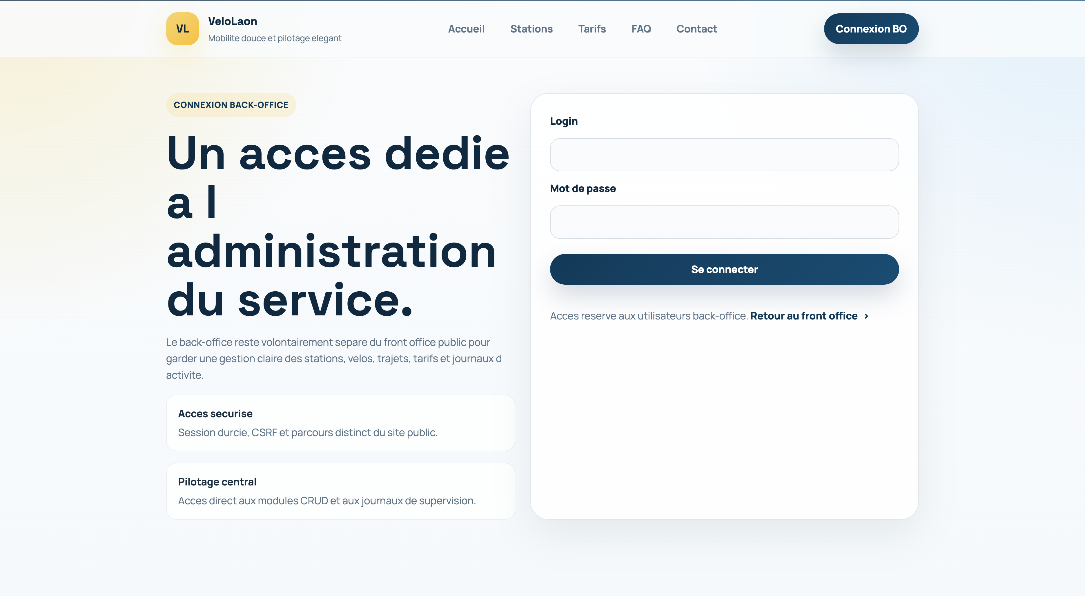 Page de connexion pour l'accès au back-office.