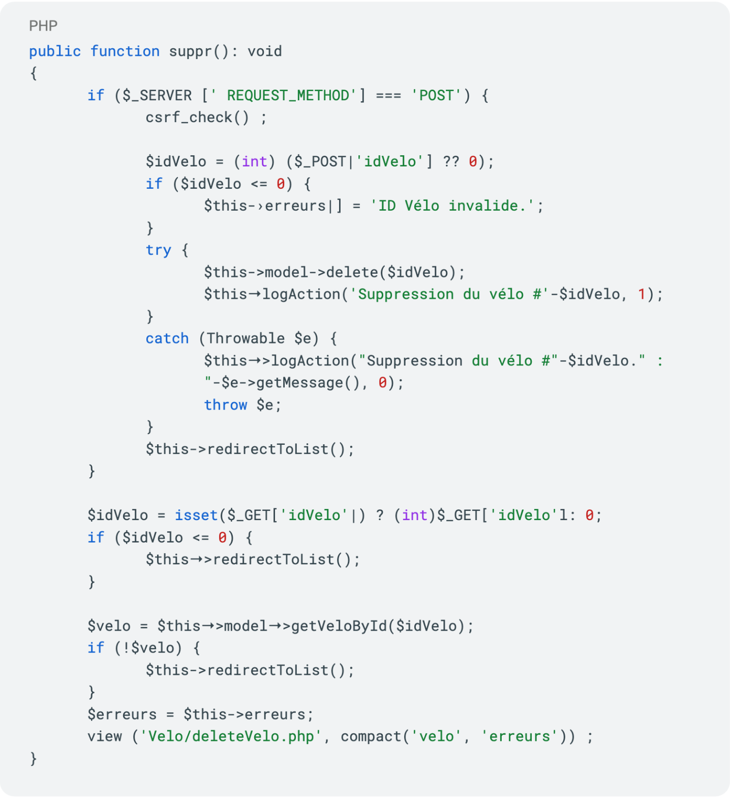Extrait du code du controller des vélos. Ici la suppression d'un vélo (désactivation). 