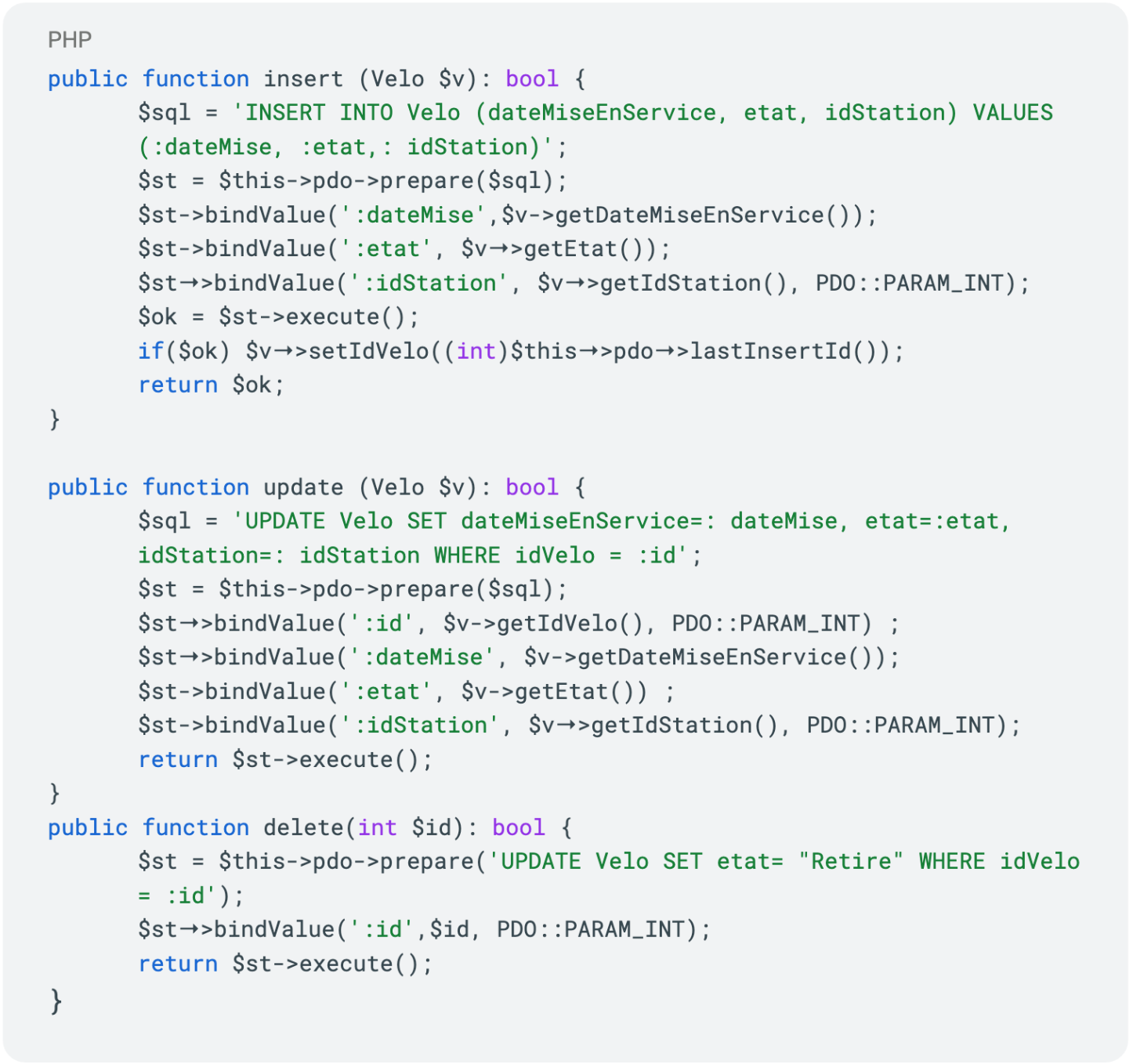Extrait de code du modèle des vélos. Ici l'insertion, la modification et la suppression.