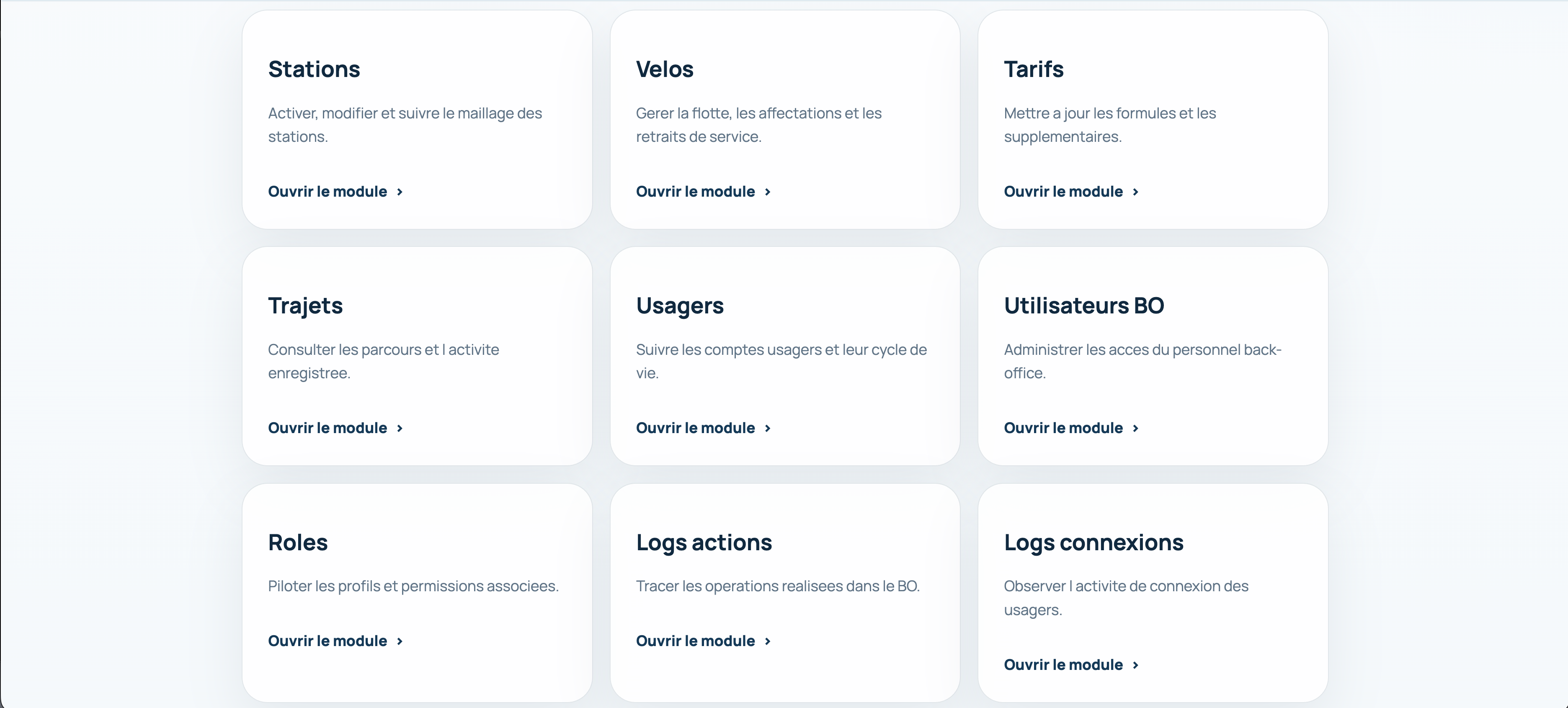 Page des différents modules sur le back-office.