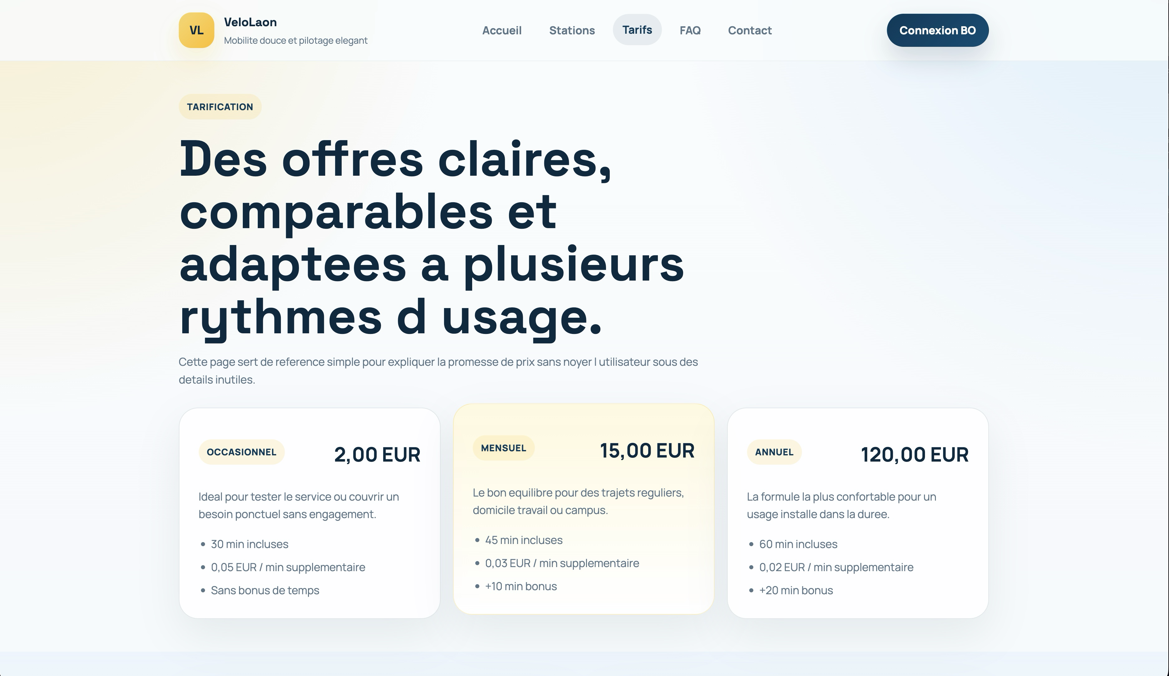 Page des tarifs de VeloLaon.